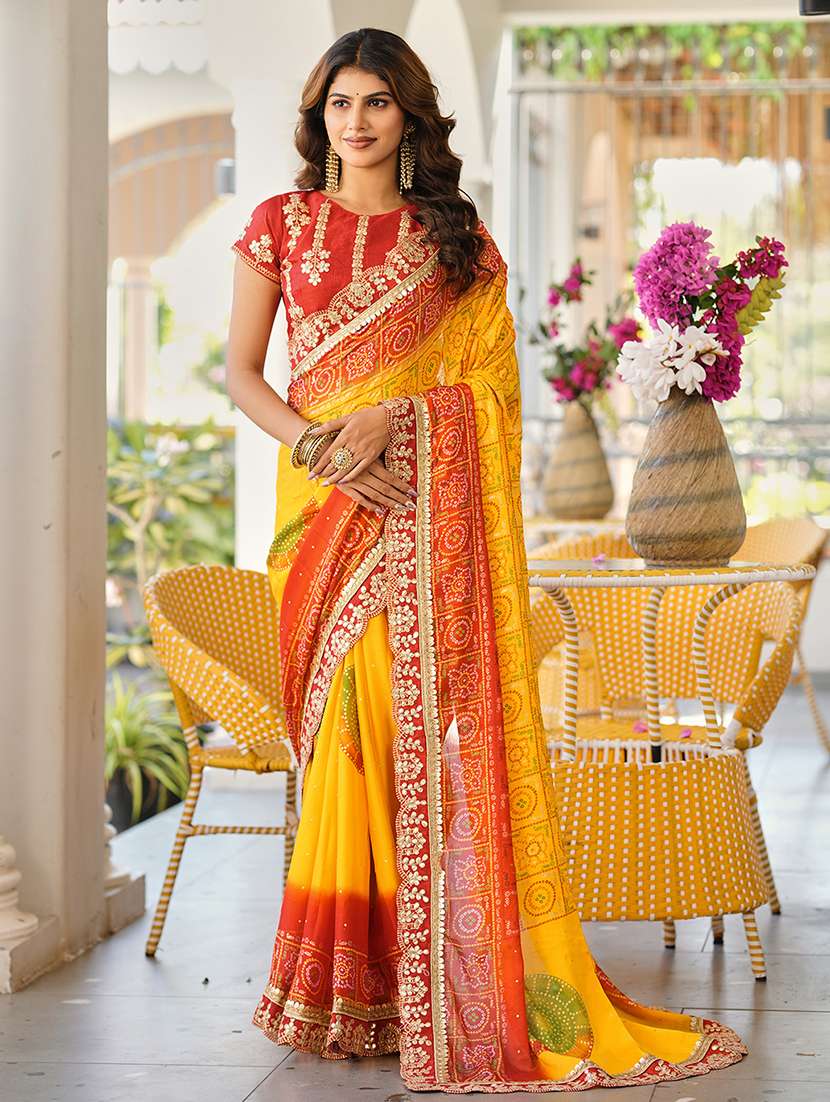 women bandhani printed saree with blouse