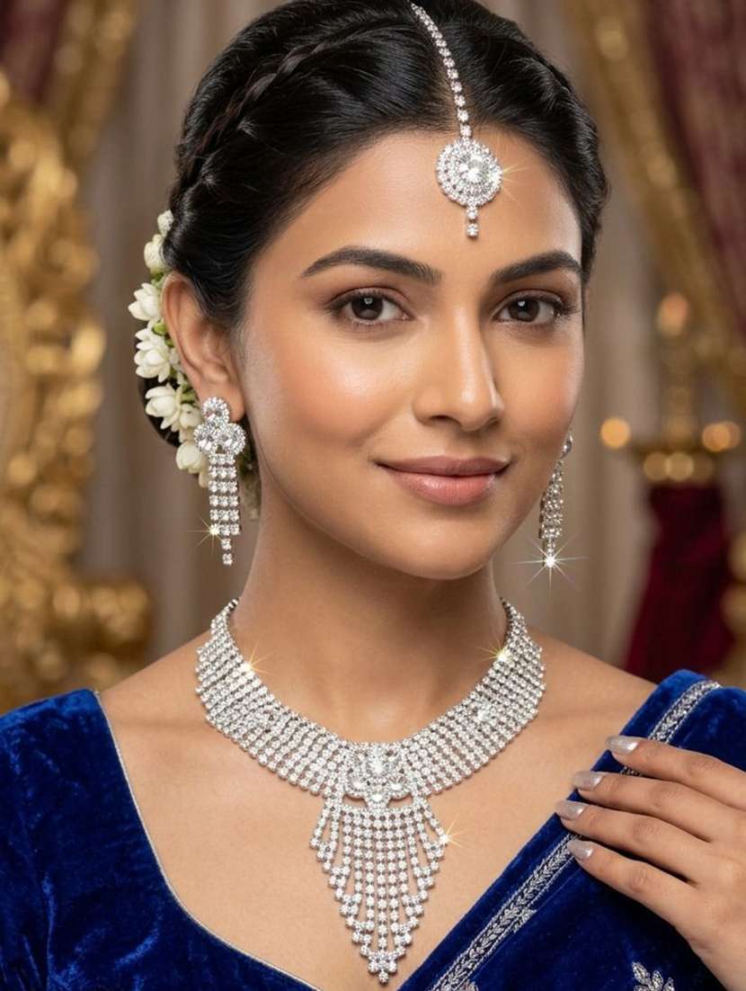 women silver plated brass necklace earring maang tikka set - 22604765 -  Standard Image - 1