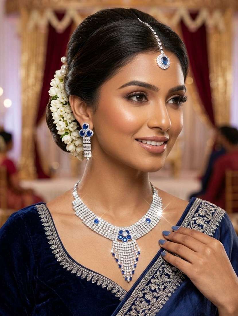 women blue stone necklace earring maang tikka set - 22604769 -  Standard Image - 1