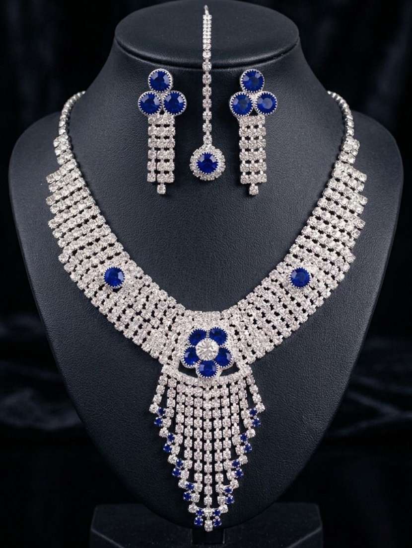 women blue stone necklace earring maang tikka set - 22604769 -  Standard Image - 4