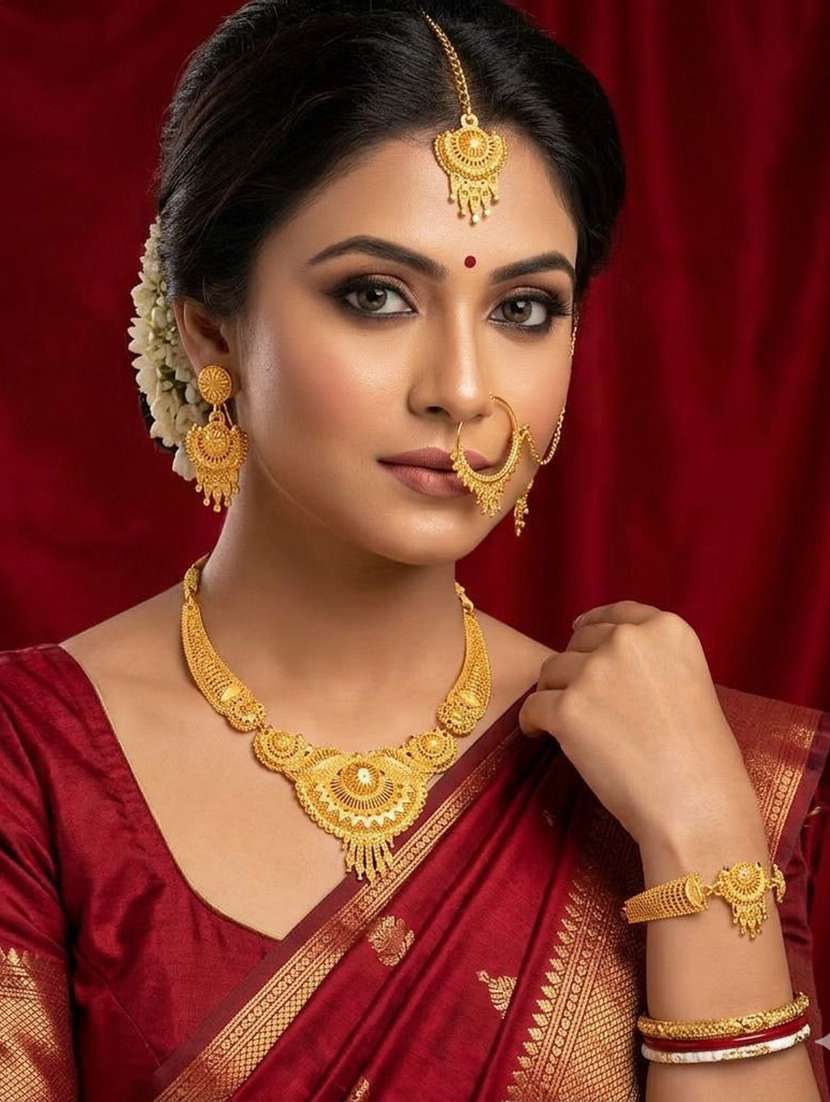 women gold necklace earring maang tikka bracelet nath set - 22604770 -  Standard Image - 1