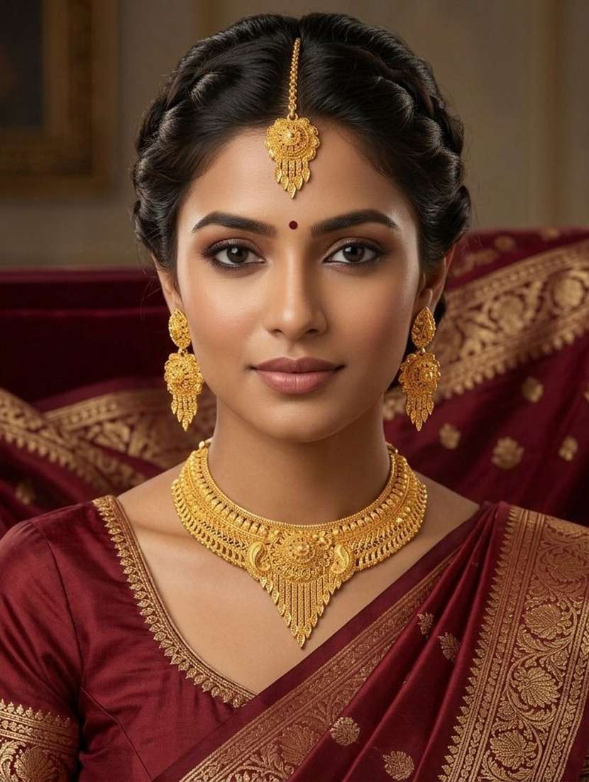women gold brass necklace earring maang tikka set - 22604771 -  Standard Image - 1