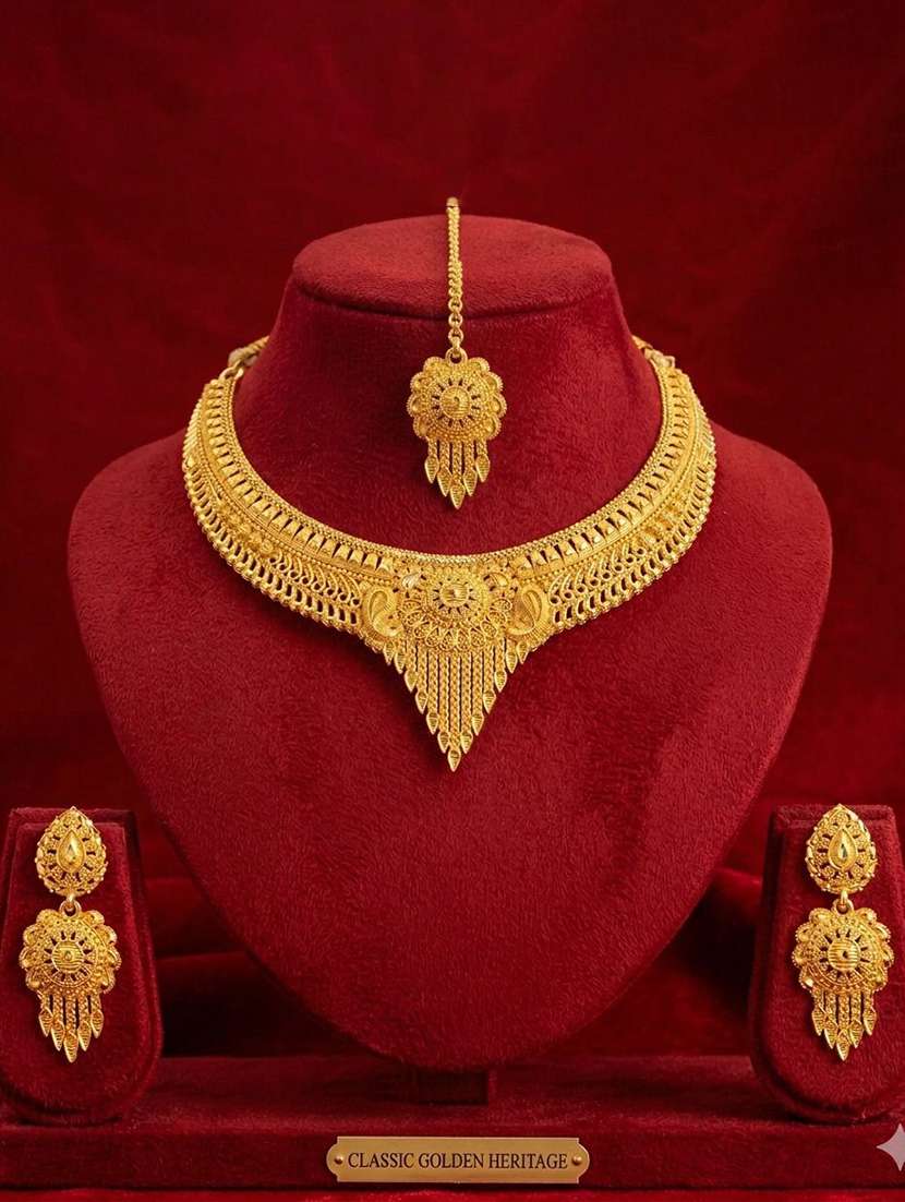 women gold brass necklace earring maang tikka set - 22604771 -  Standard Image - 4