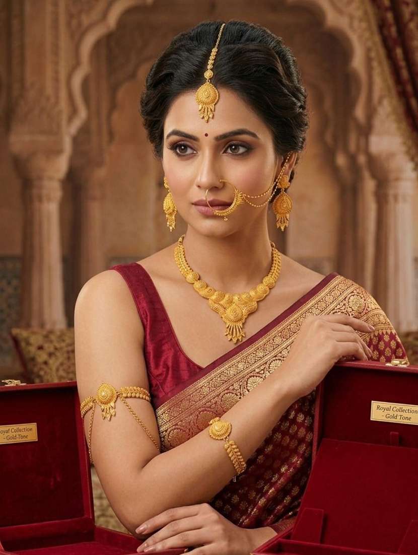 women gold plated brass necklace earring maang tikka set - 22604781 -  Standard Image - 1