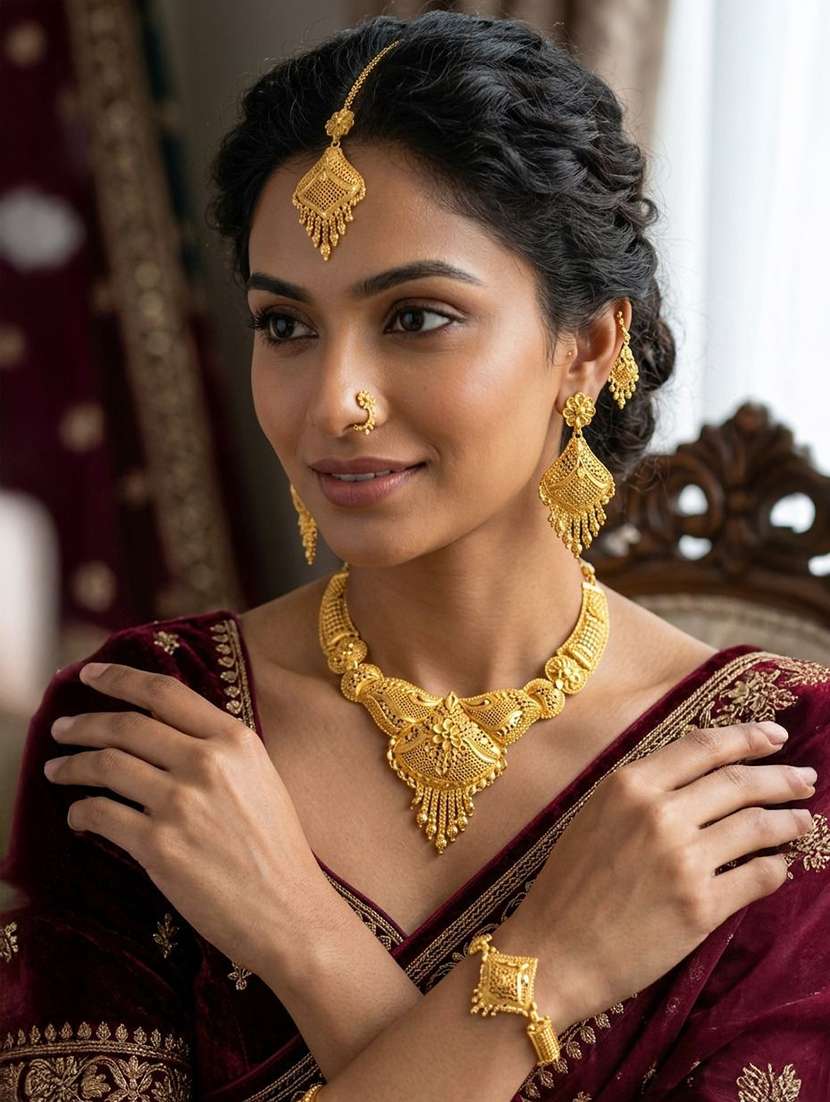 women gold plated brass necklace earring  maang tikka set - 22604782 -  Standard Image - 1