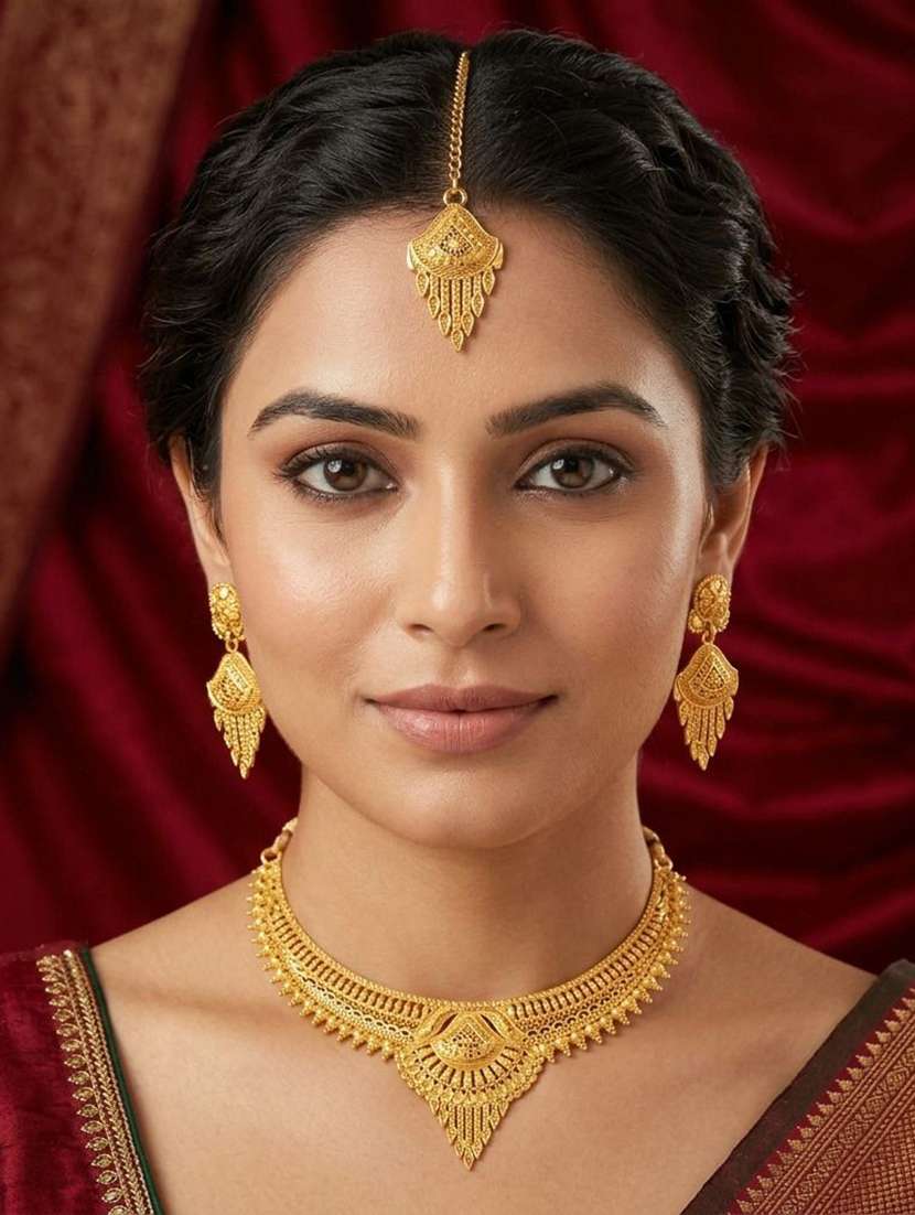 women gold plated brass necklace earring  maang tikka set - 22604783 -  Standard Image - 1