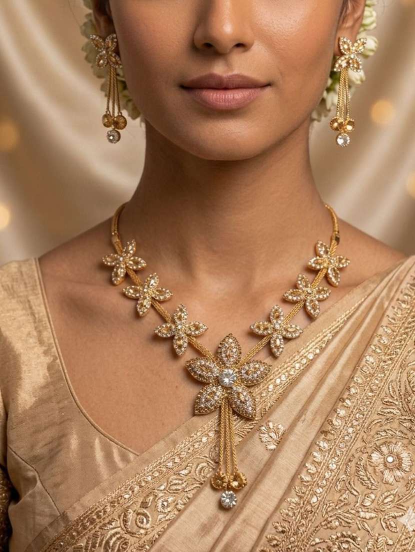 women gold tone floral stone studded earring necklace set combo - 22604784 -  Standard Image - 1