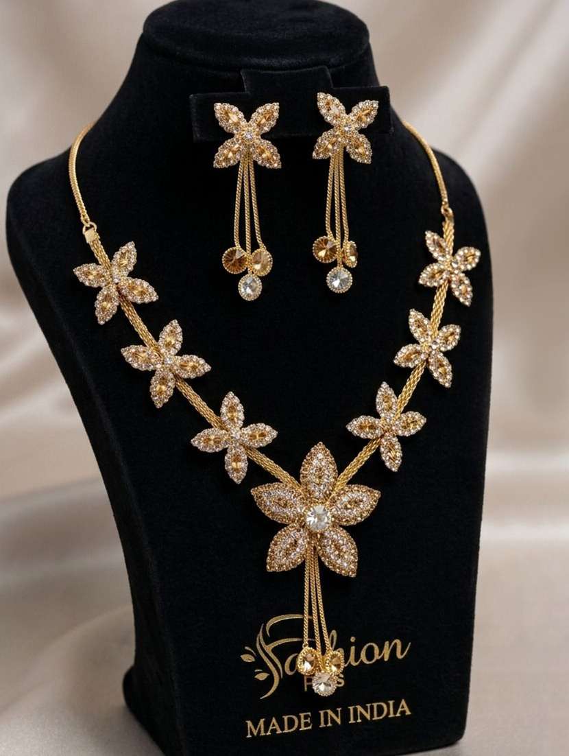 women gold tone floral stone studded earring necklace set combo - 22604784 -  Standard Image - 4