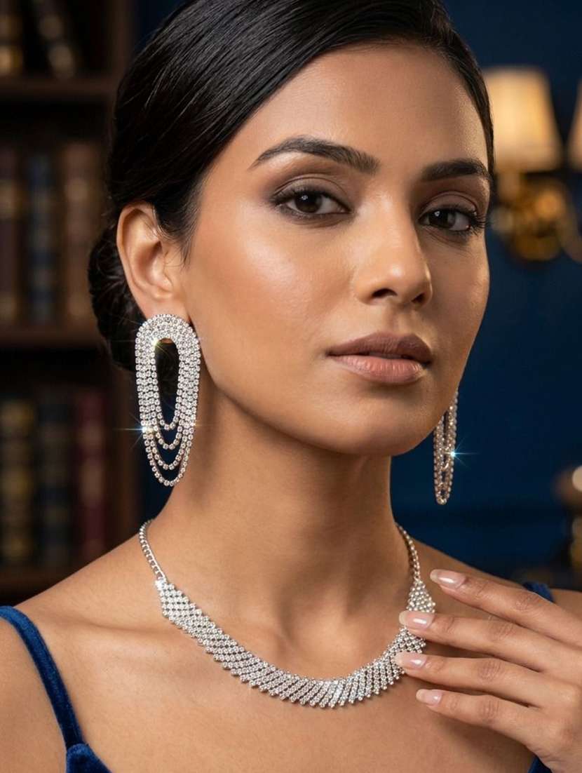 women silver brass choker necklace and earrings set for women - 22604786 -  Standard Image - 1