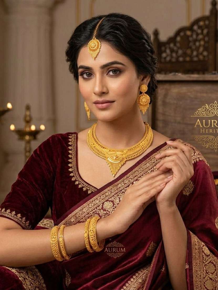women gold plated brass necklace earring  maang tikka set - 22604787 -  Standard Image - 1