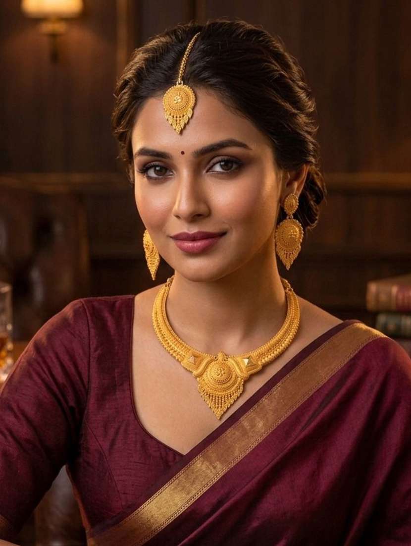 women gold plated brass necklace earring  maang tikka set - 22604788 -  Standard Image - 1