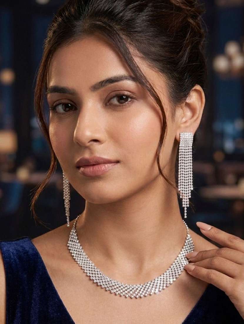 women silver metal brass necklace and earring set - 22604789 -  Standard Image - 1