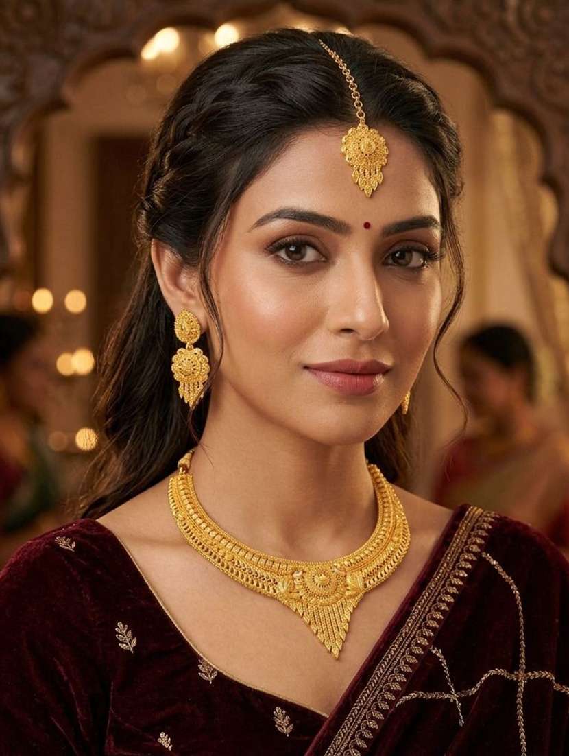 women gold plated brass necklace earring  maang tikka set - 22604790 -  Standard Image - 1