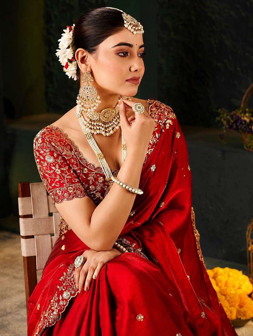 women solid with work embroidered saree with blouse - 22604806 -  Standard Image - 1
