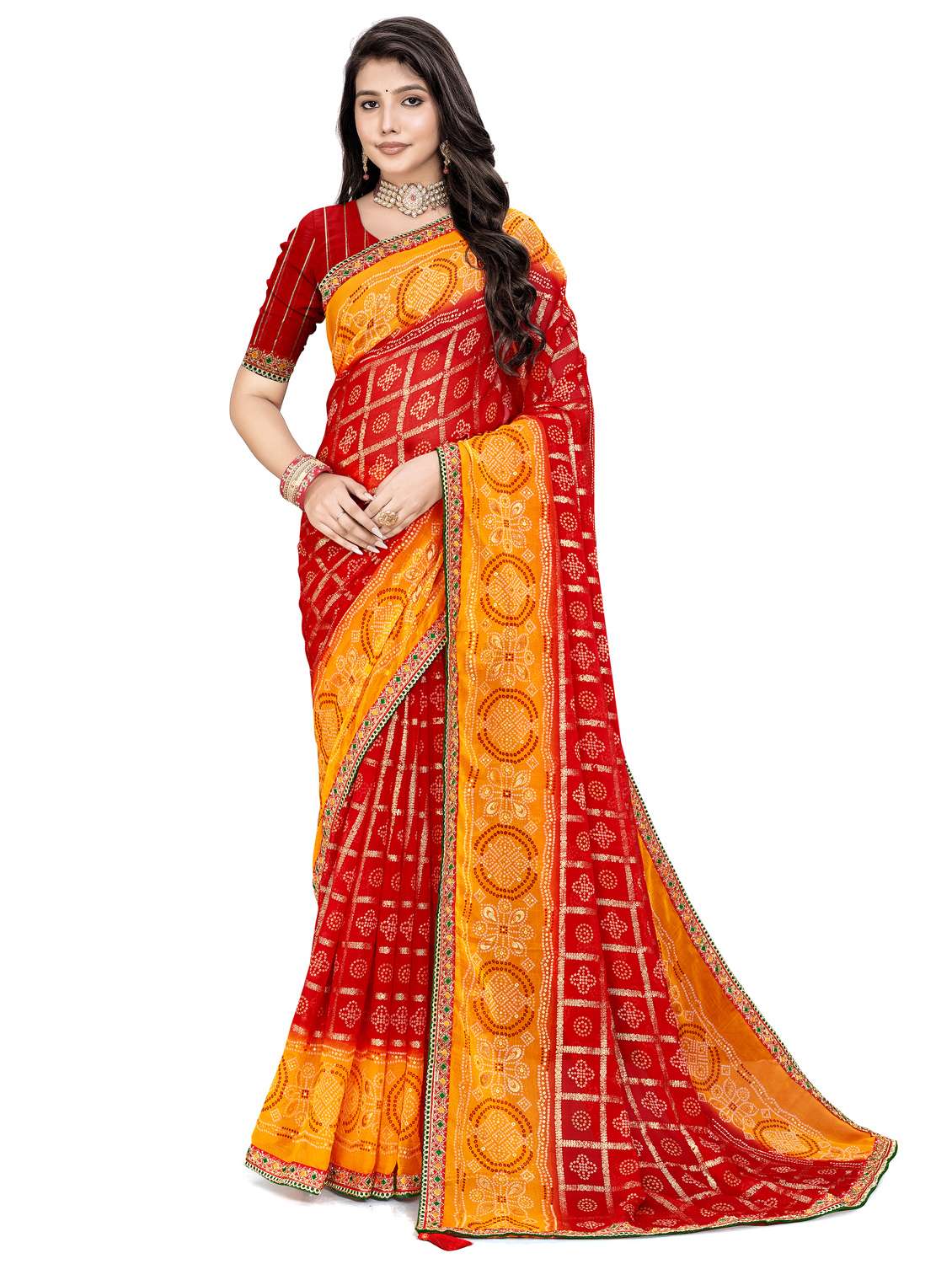 women bandhani printed saree with blouse