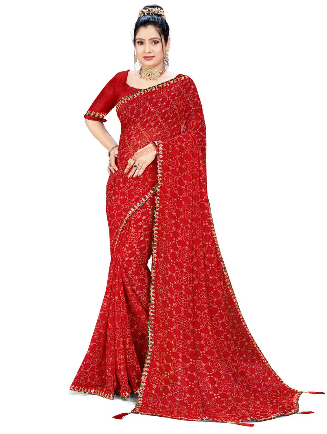 women bandhani printed saree with blouse