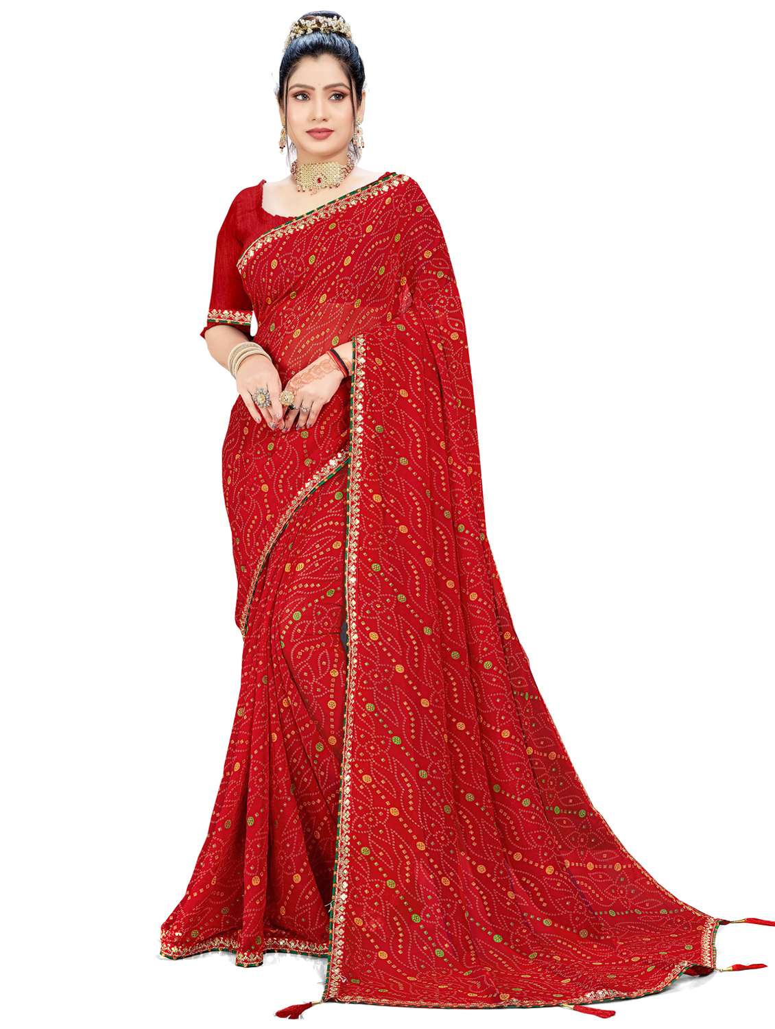 women bandhani printed saree with blouse
