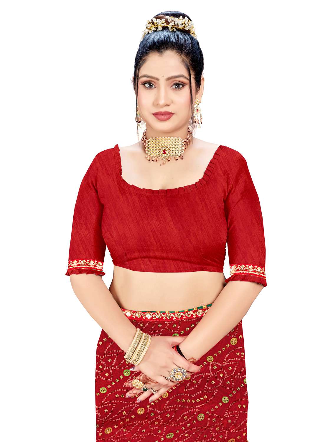 women bandhani printed saree with blouse - 22604844 -  Standard Image - 4
