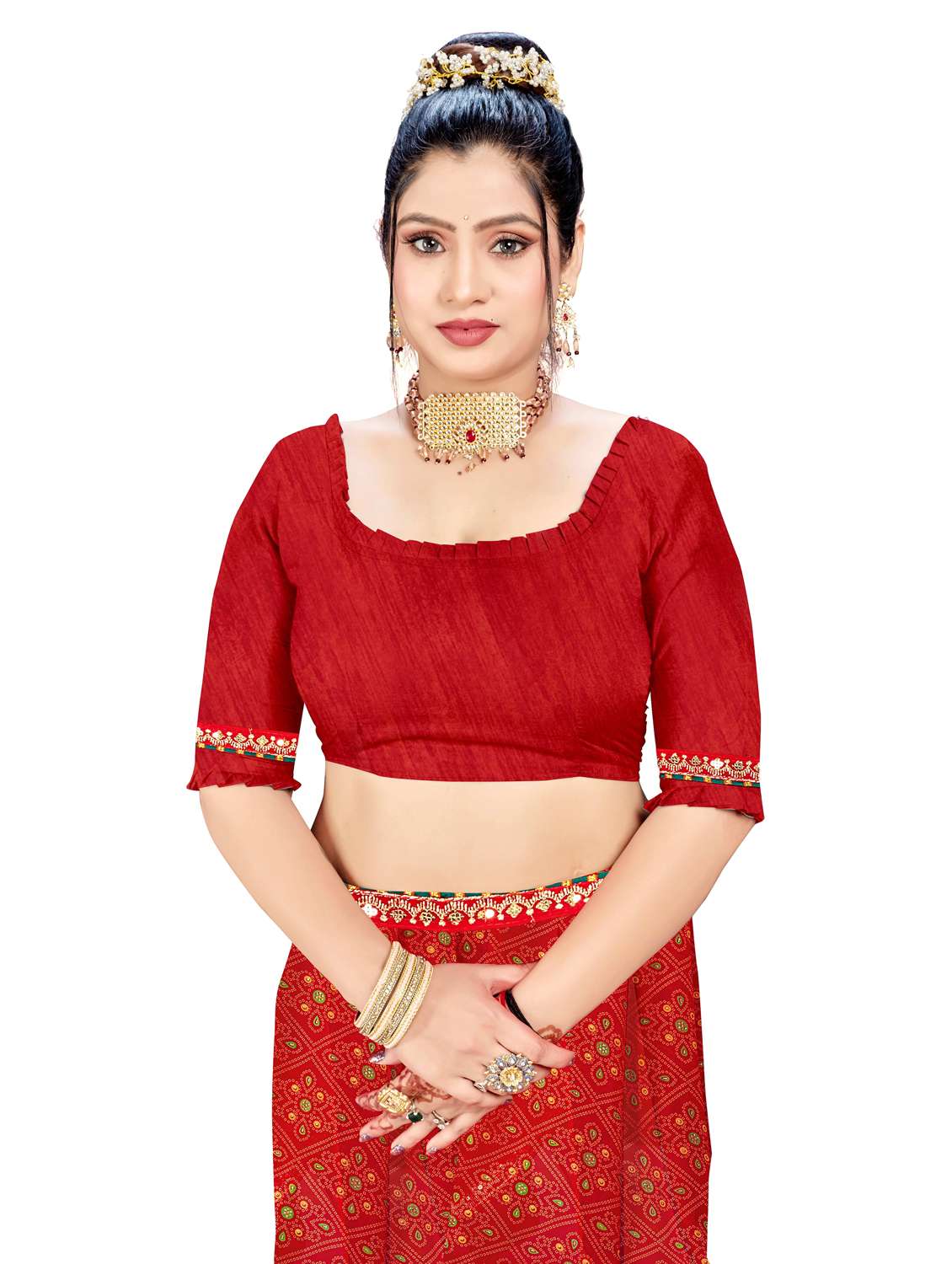 Women Bandhani Printed Saree With Blouse - 22604845 -  Standard Image - 4