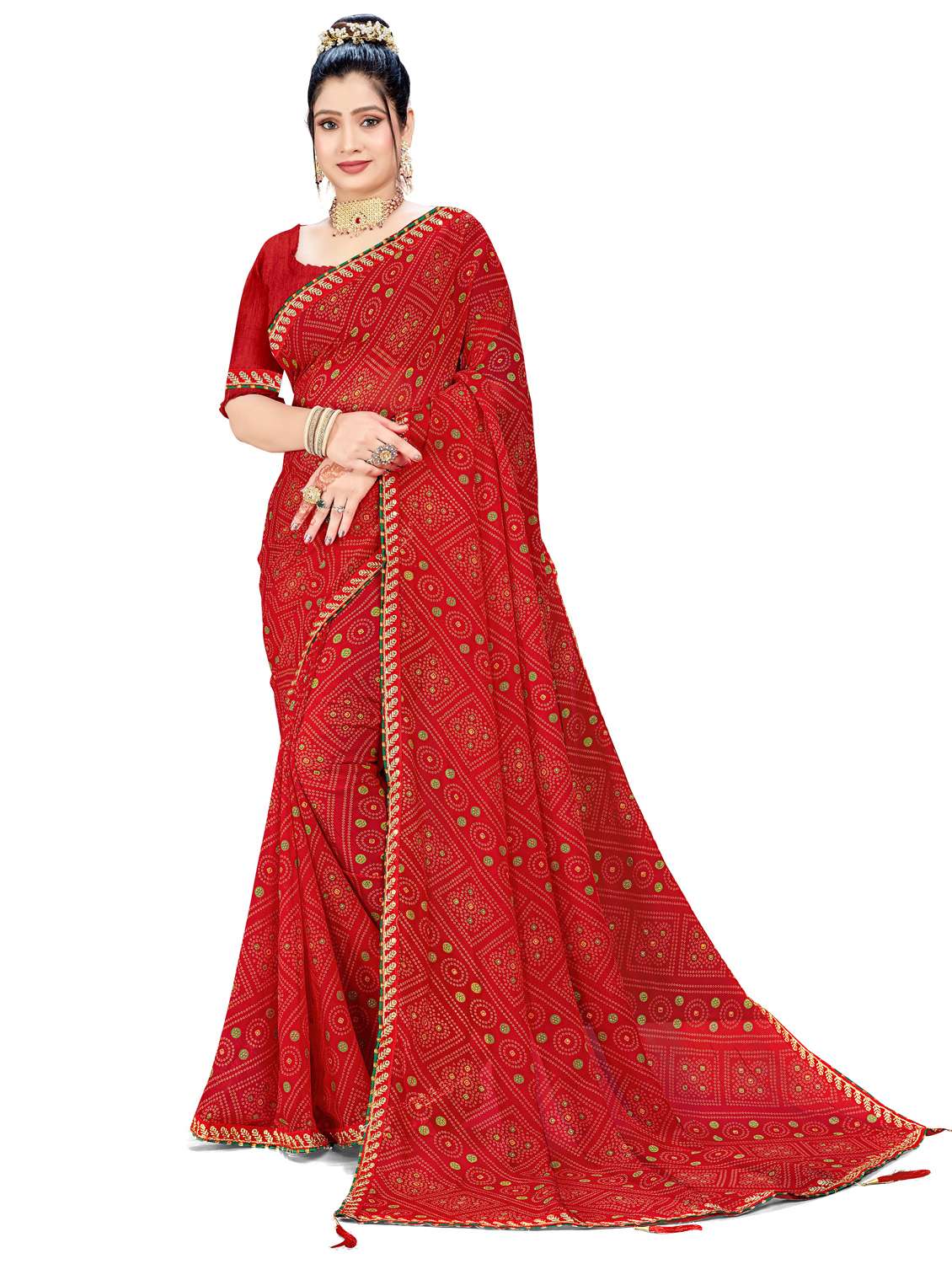 women bandhani printed saree with blouse