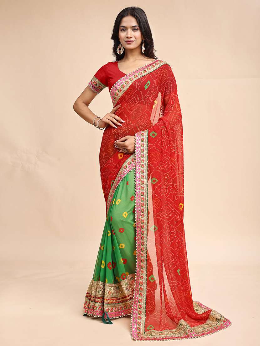 women bandhani printed half & half saree with blouse