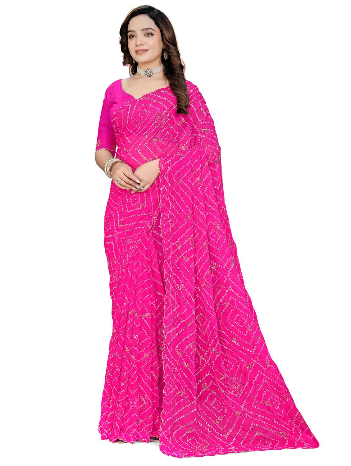 women bandhani printed embroidered saree with blouse