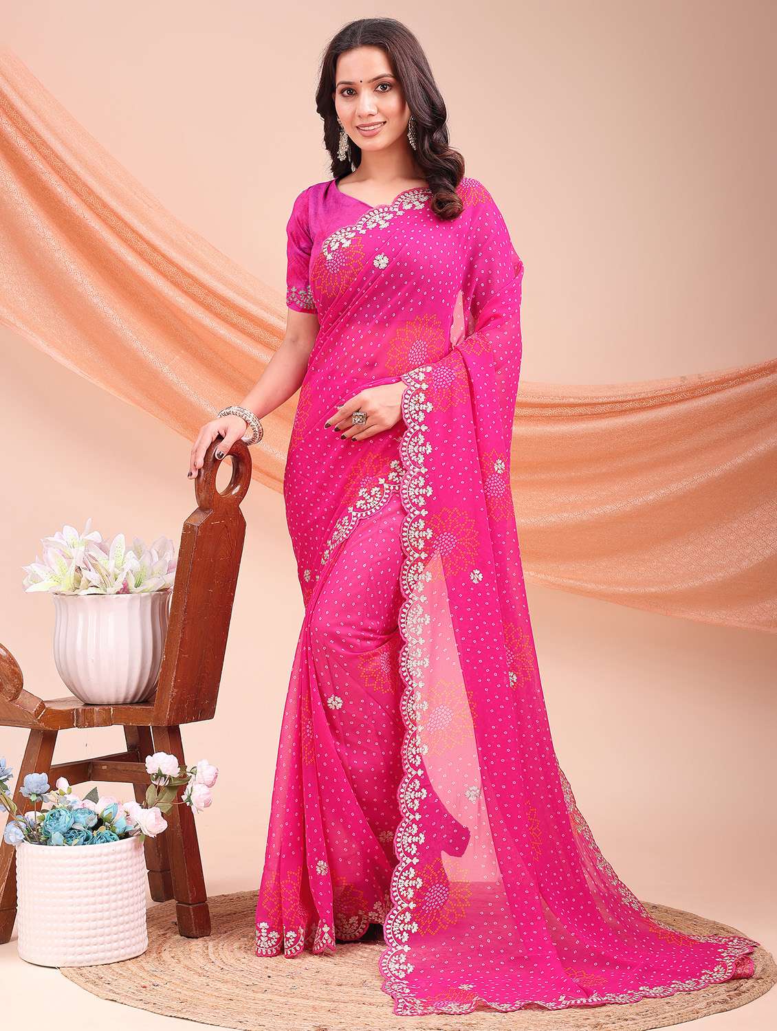 women bandhani printed embroidered saree with blouse