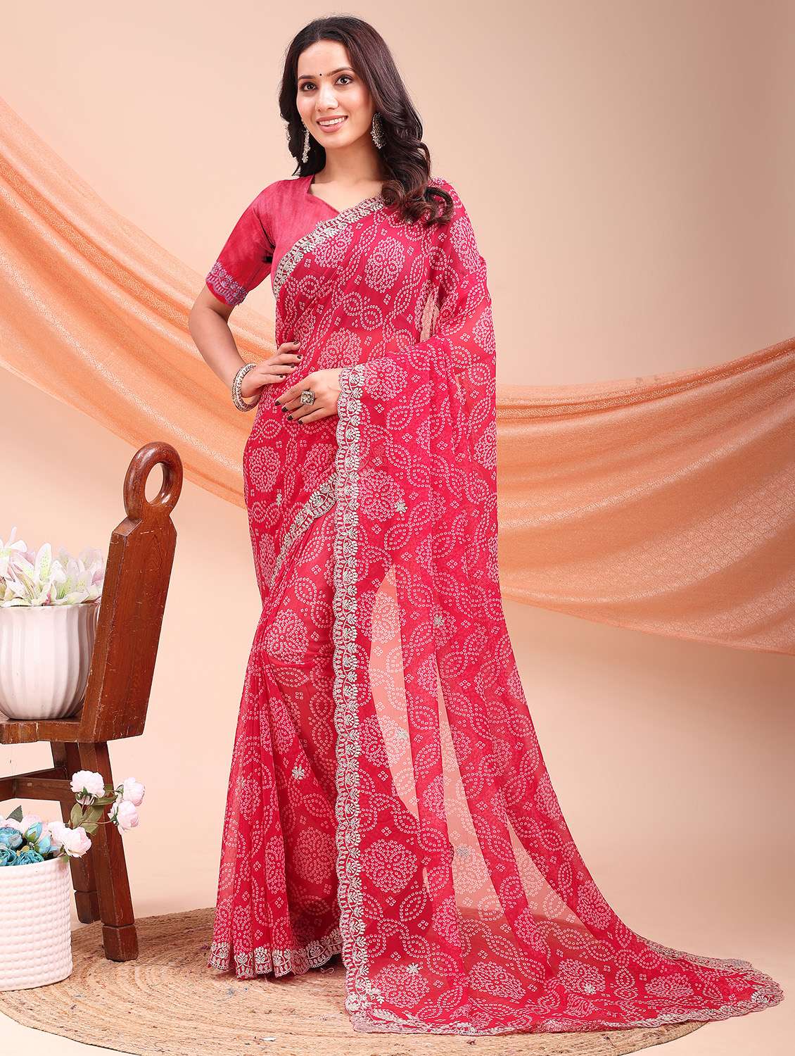 women bandhani printed embroidered saree with blouse