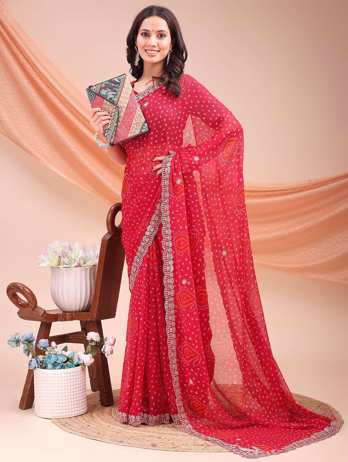 women bandhani printed embroidered saree with blouse