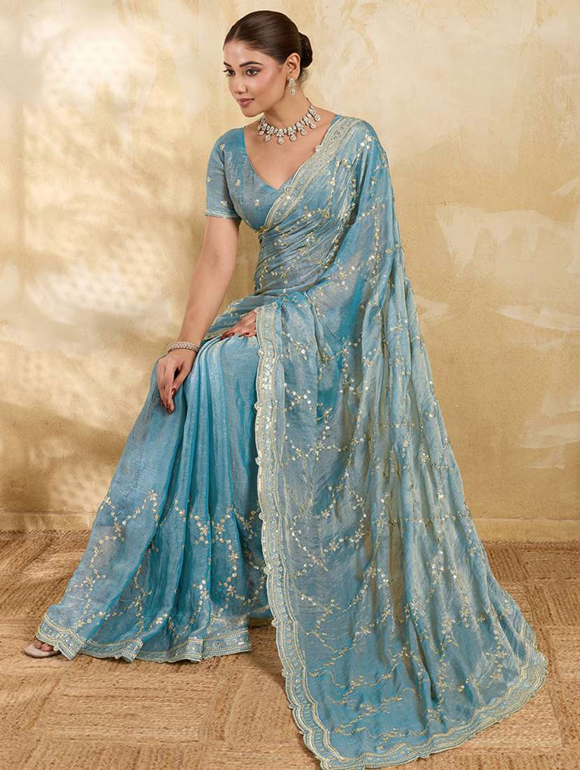 women solid with work embroidered saree with blouse - 22605157 -  Standard Image - 4