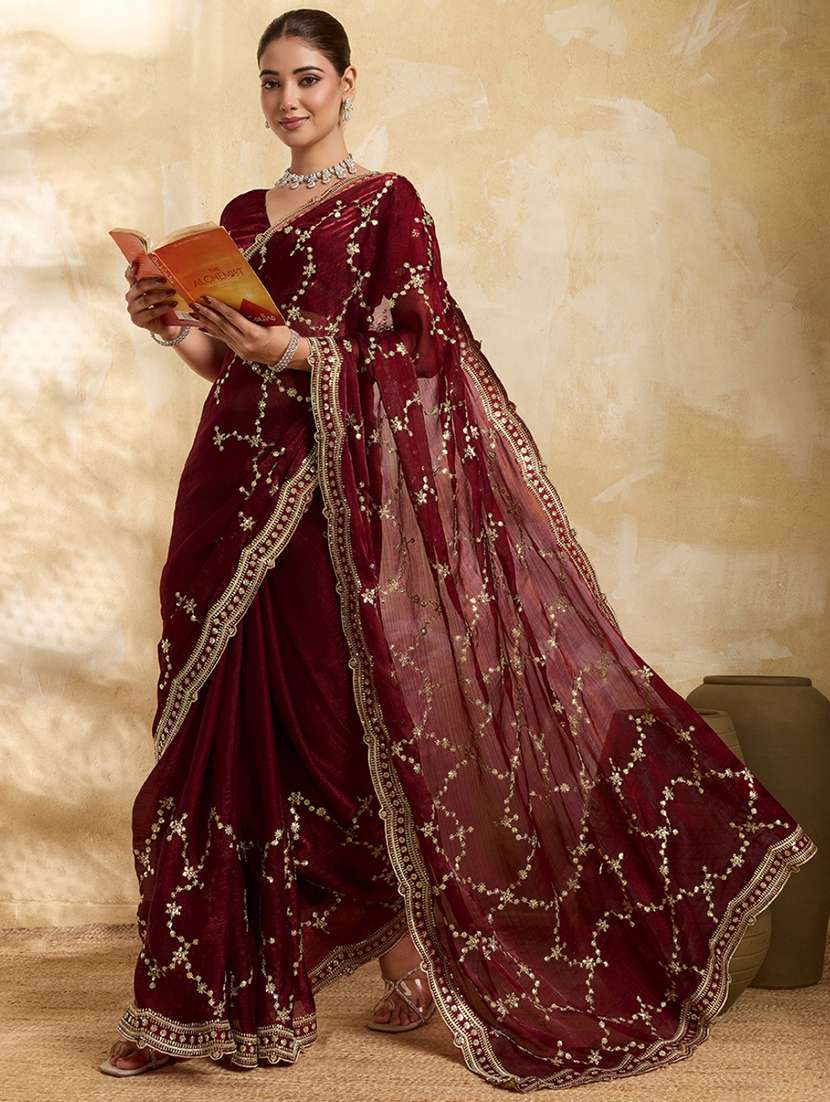 women solid with work embroidered saree with blouse - 22605158 -  Standard Image - 4