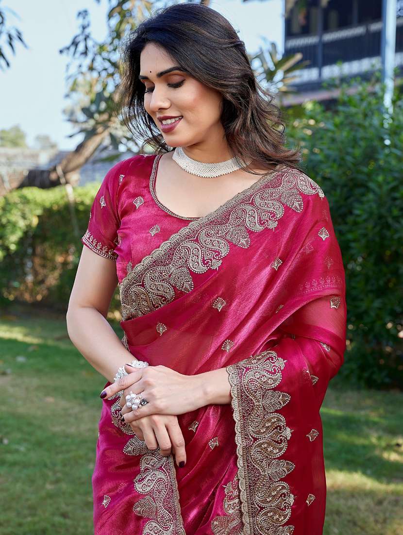 women solid with work embroidered saree with blouse - 22605195 -  Standard Image - 1