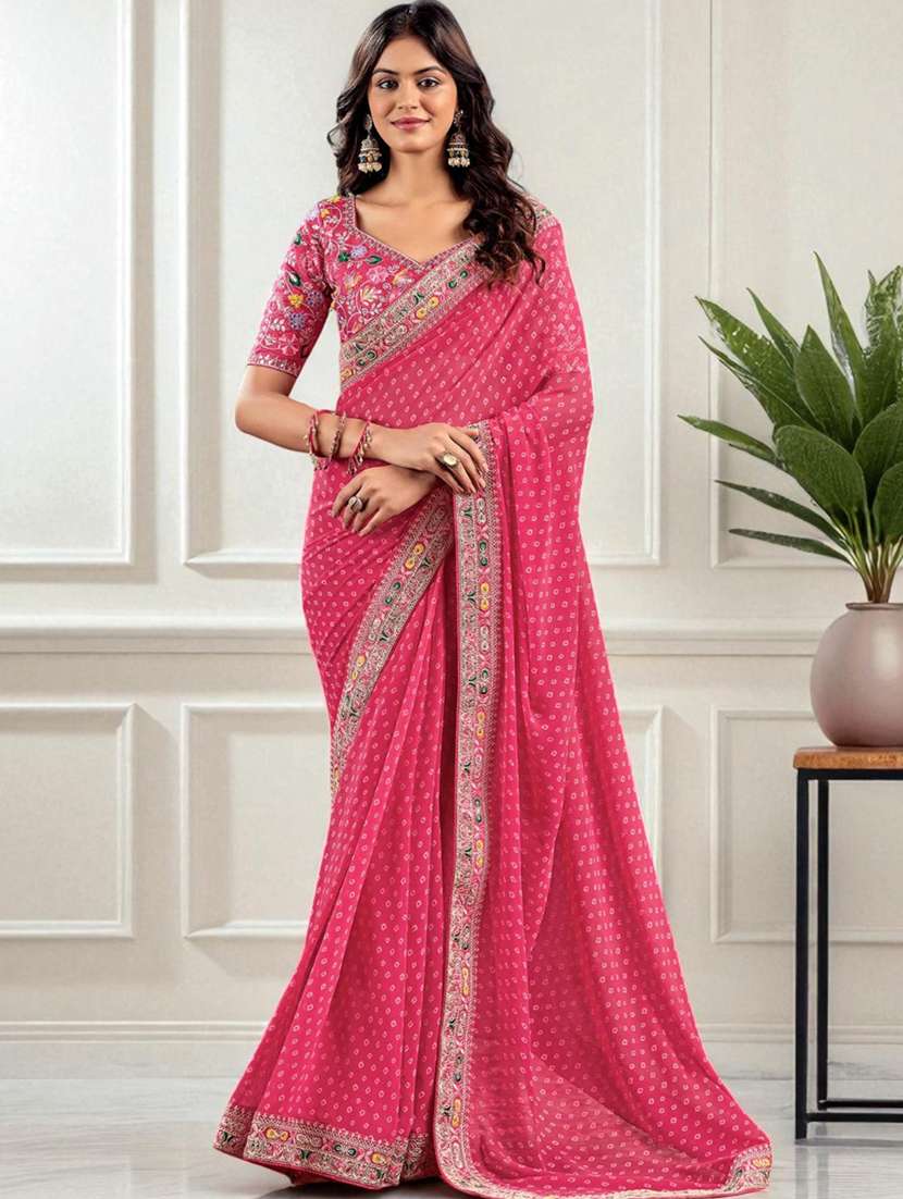 women bandhani printed saree with blouse
