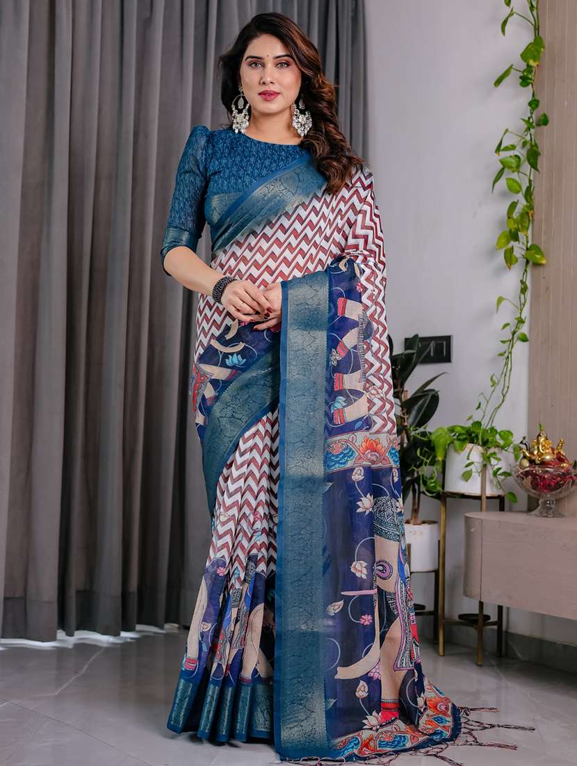 women printed bordered saree with blouse