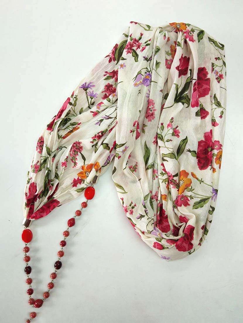 women printed scarf with beads necklace - 22606010 -  Standard Image - 1