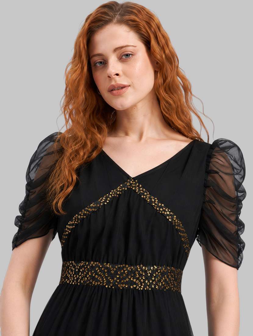 women embellished puff sleeves fit and flare dress - 22606015 -  Standard Image - 1