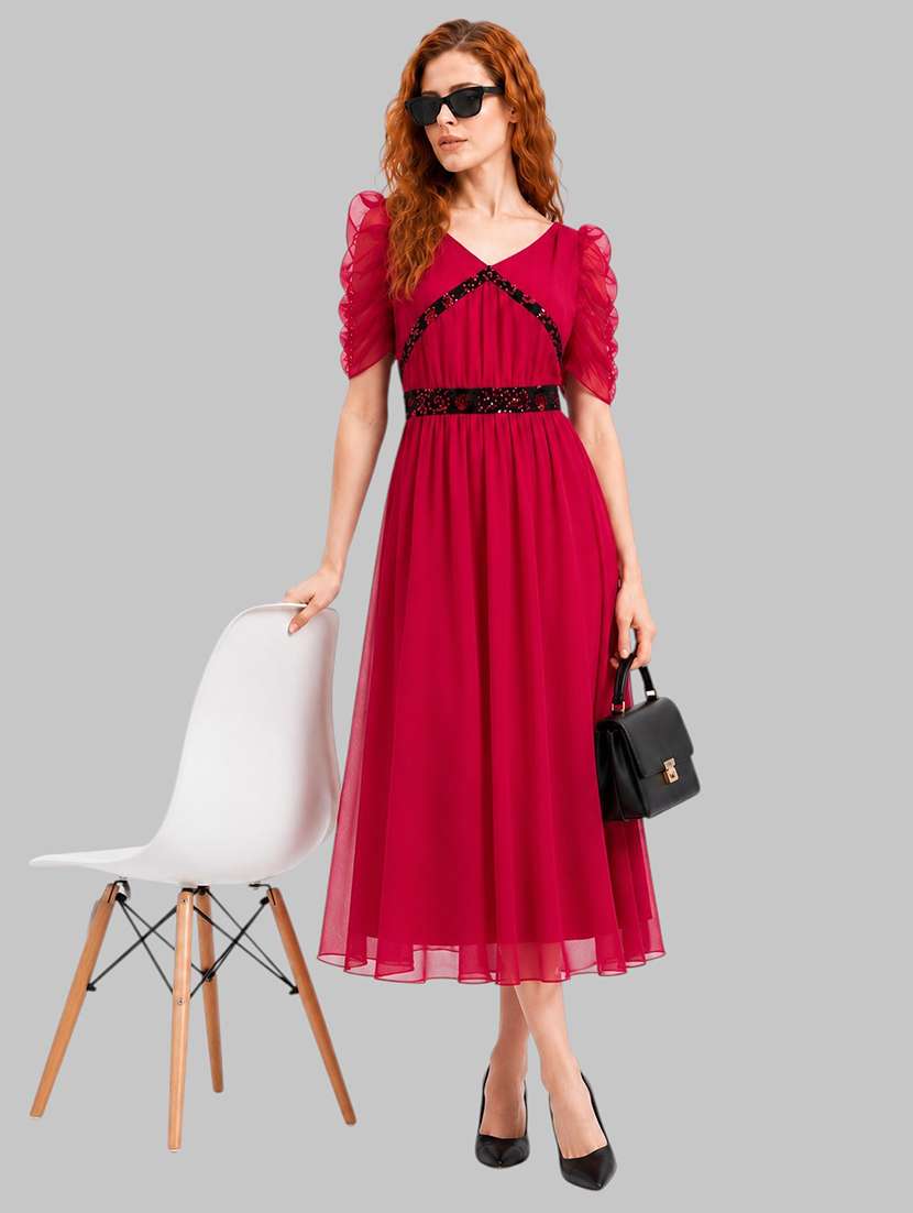 women embellished puff sleeves fit and flare dress