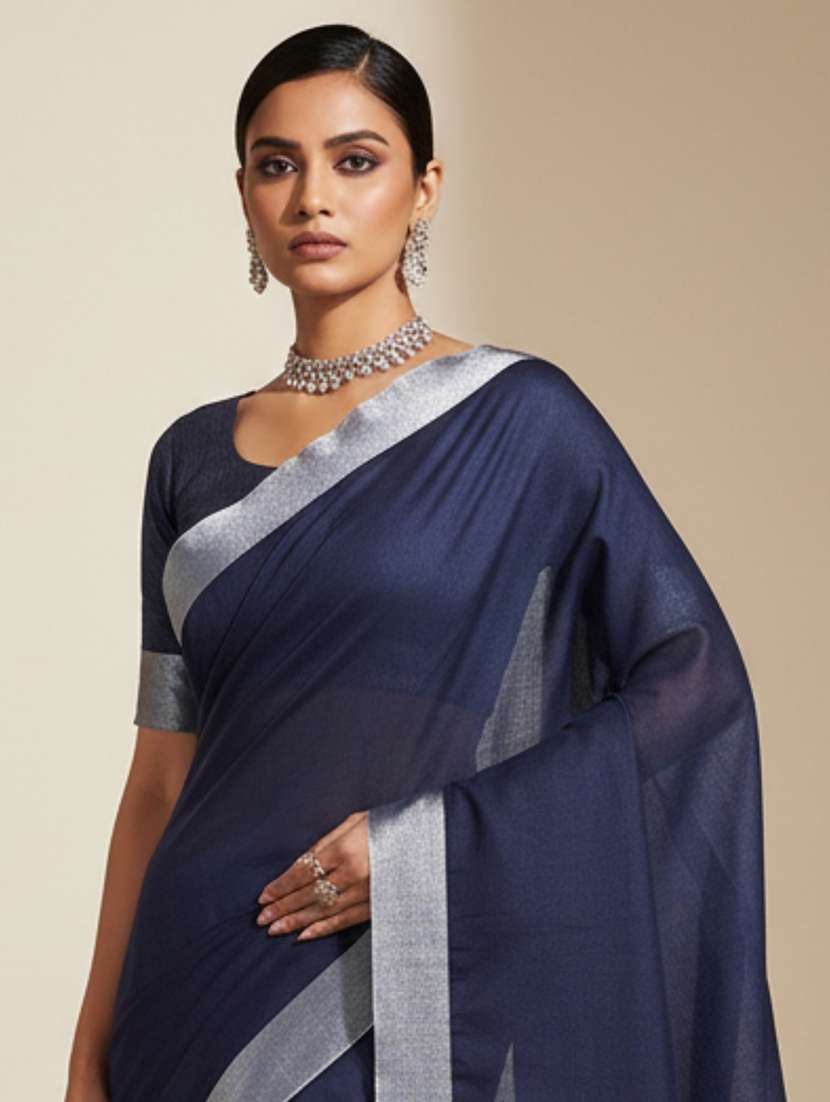 women solid with bordered handloom saree with blouse - 22606392 -  Standard Image - 1