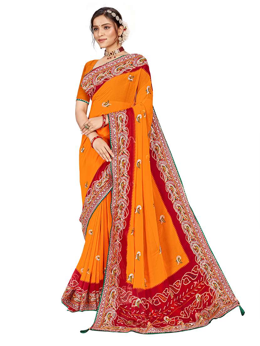 women bandhani printed saree with blouse