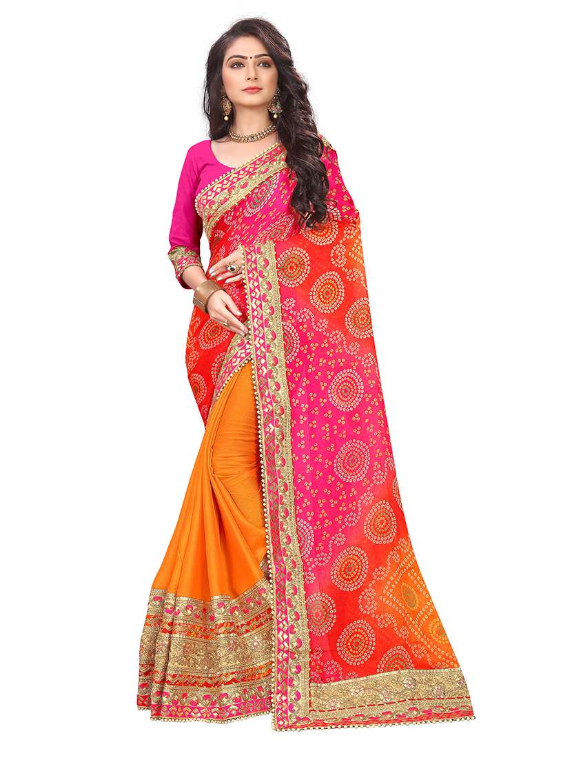 women bandhani printed half and half saree with blouse