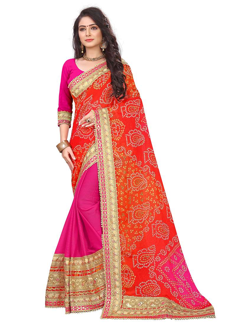 women bandhani printed half and half saree with blouse