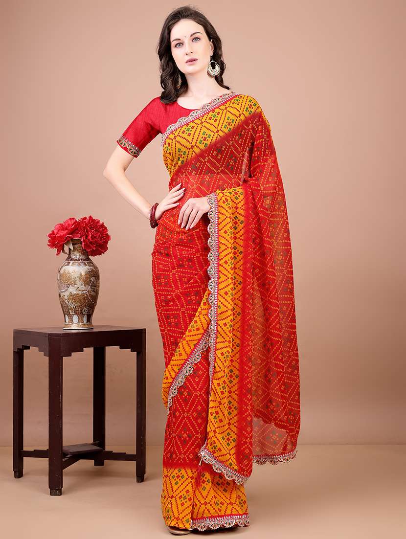 women bandhani printed saree with blouse