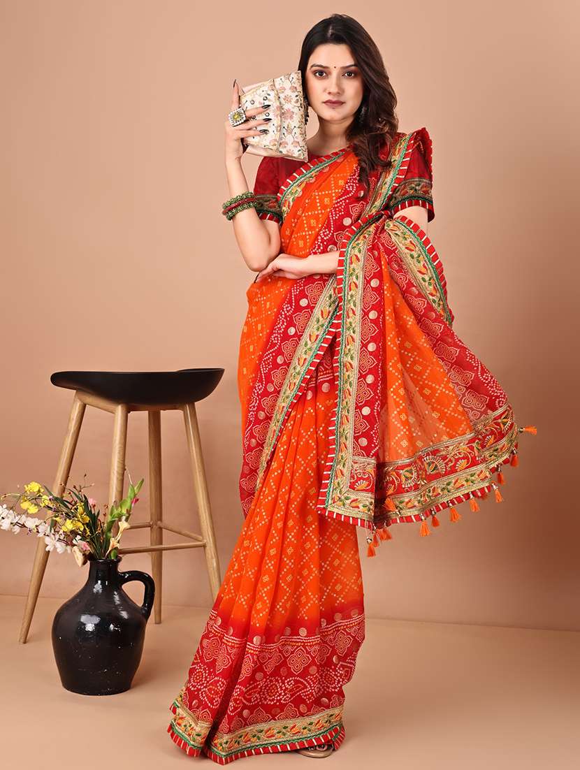 women bandhani printed saree with blouse