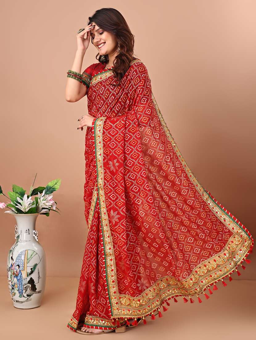 women bandhani printed saree with blouse - 22606516 -  Standard Image - 1