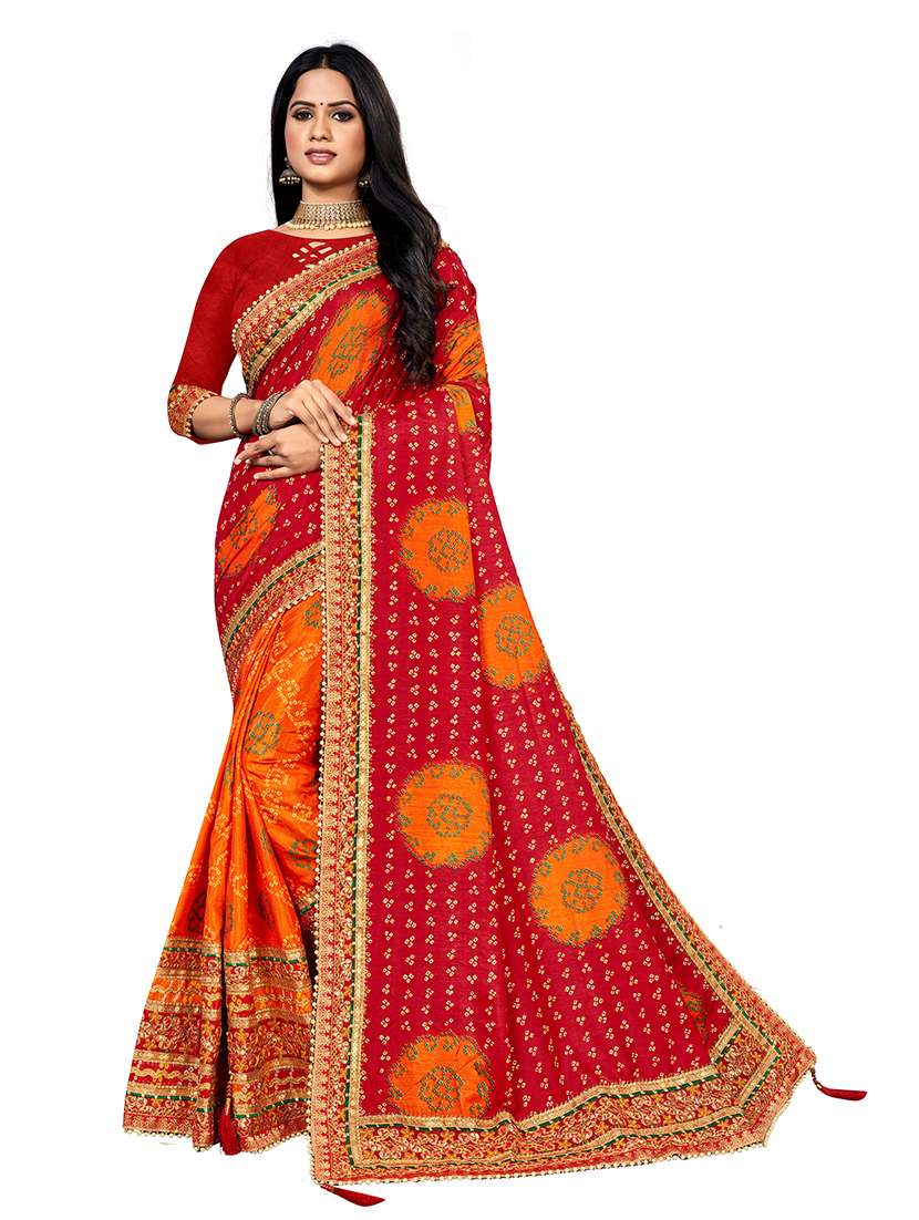 women bandhani printed half and half saree with blouse