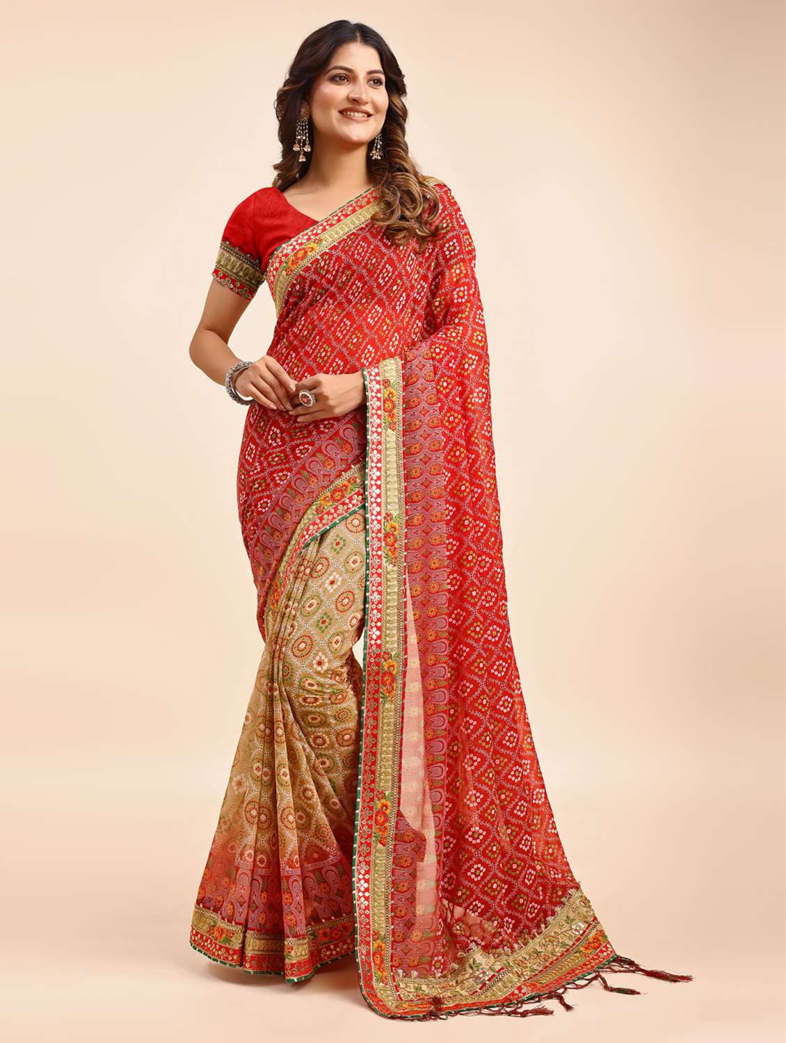 women bandhani printed half & half saree with blouse