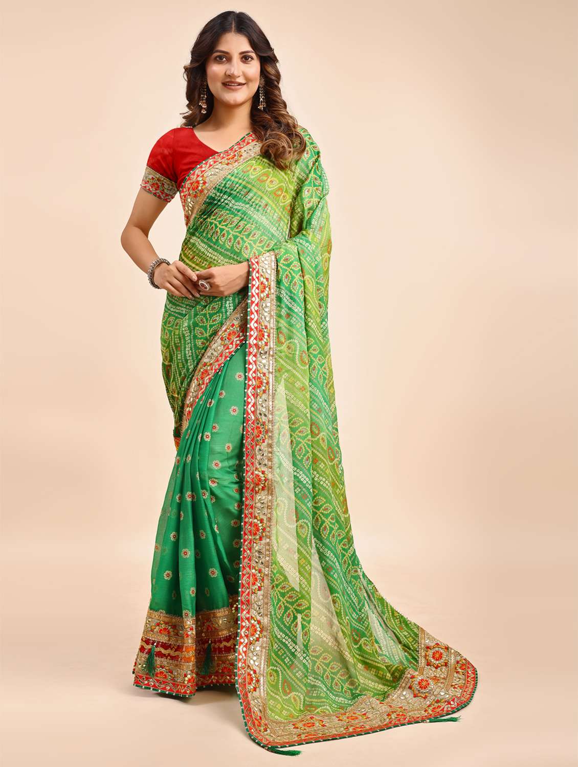 women bandhani printed half & half saree with blouse