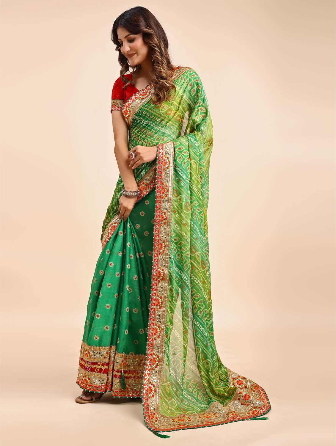 women bandhani printed half & half saree with blouse - 22606774 -  Standard Image - 1