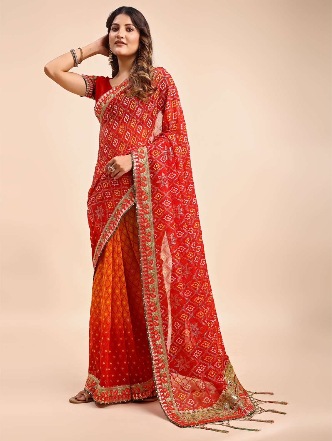 Women Bandhani Printed Half & Half Saree With Blouse - 22606775 -  Standard Image - 1
