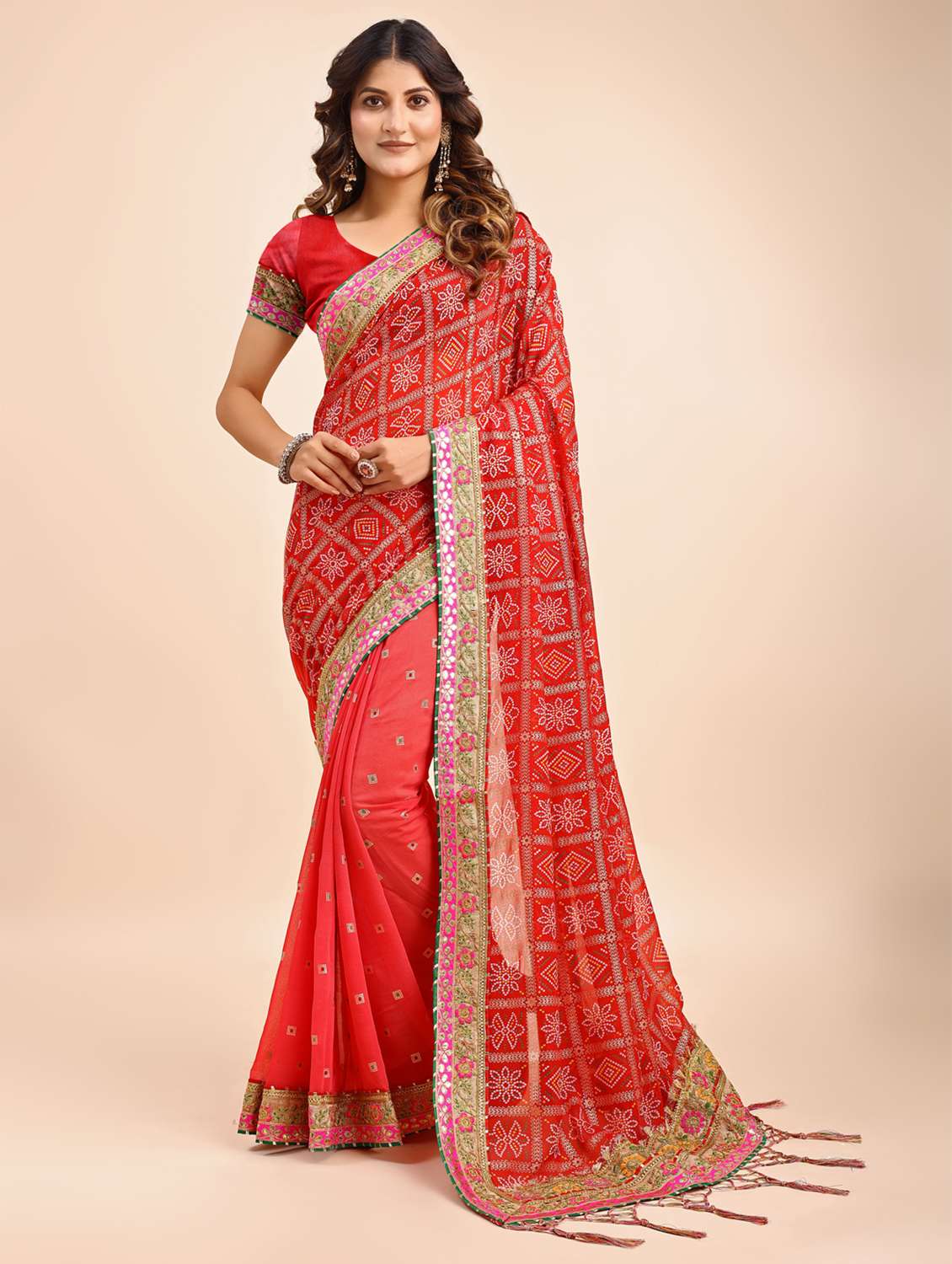 women bandhani printed half & half saree with blouse